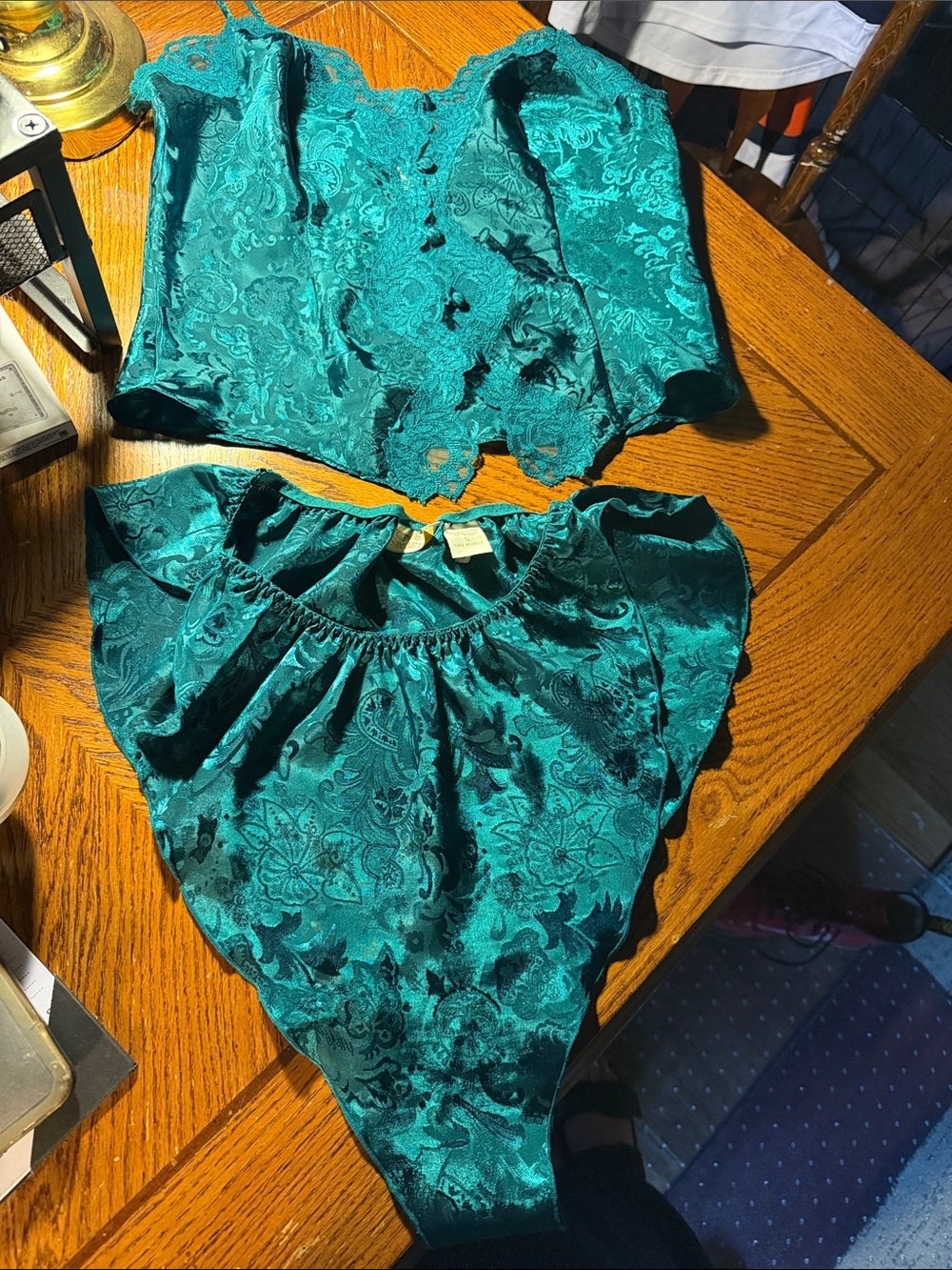 Victoria's Secret Teal Satin Lace Bodysuit and Bustier Set